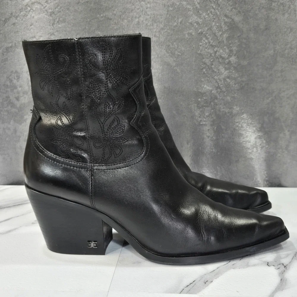 Sam Edelman Wilda Western Boots Womens 9 Black Leather Embroidered Pointed Ankle